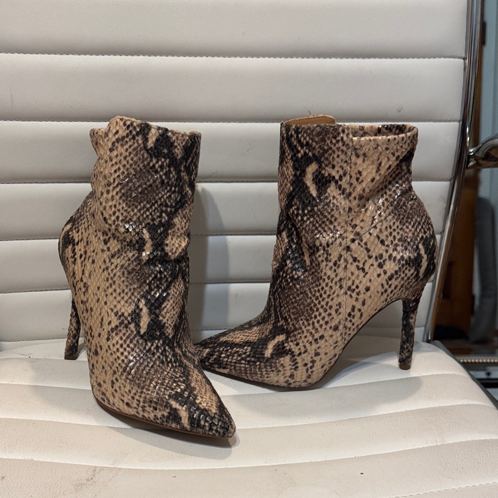 Jessica Simpson Snake Print Pointed Toe Stiletto Ankle Boots - Tan and Black